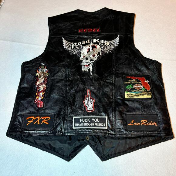 Navarre Leather Company Italian Stone Design Genuine Leather Vest XL Patches - Picture 5 of 5